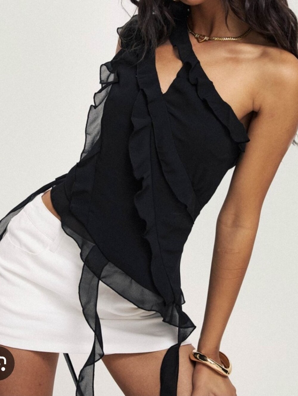 Princess Polly Black One-Shoulder Ruffle Camisole